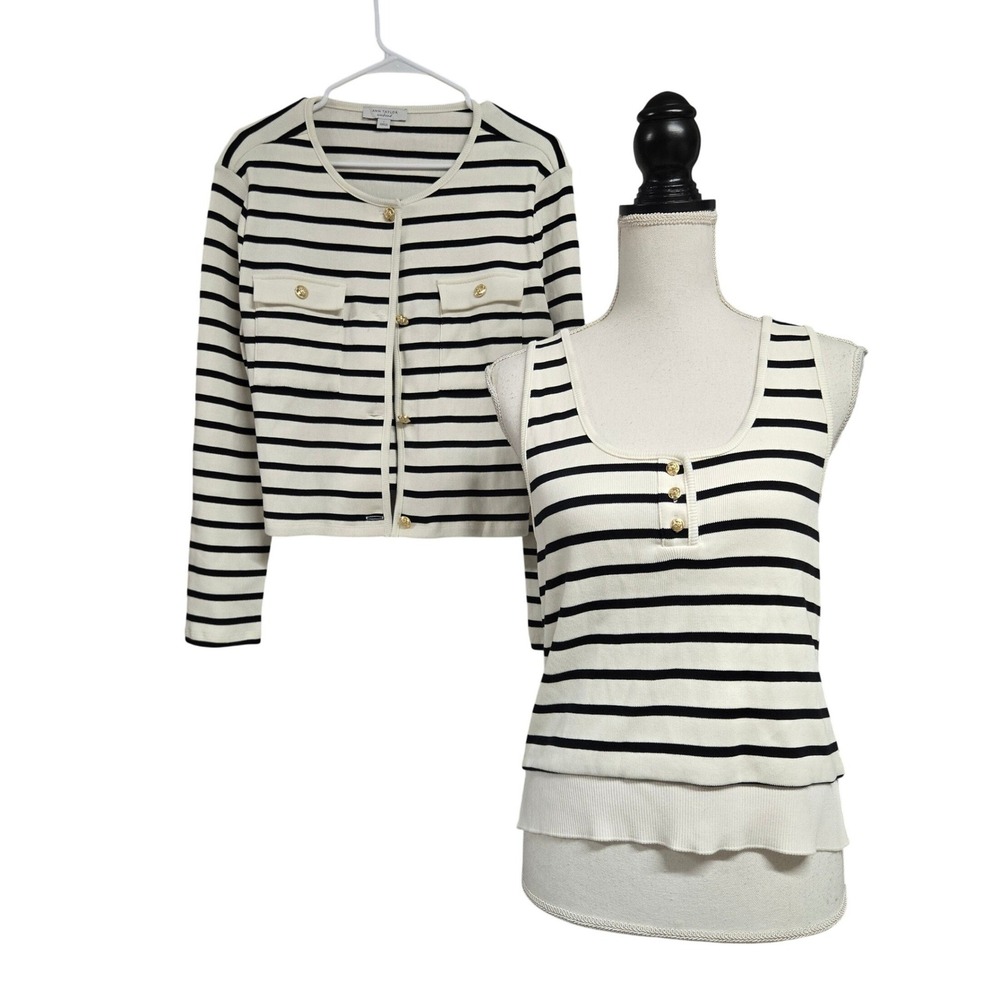 Ann Taylor Weekend Striped Sweater Set Gold Button Cardigan Tank Black White L